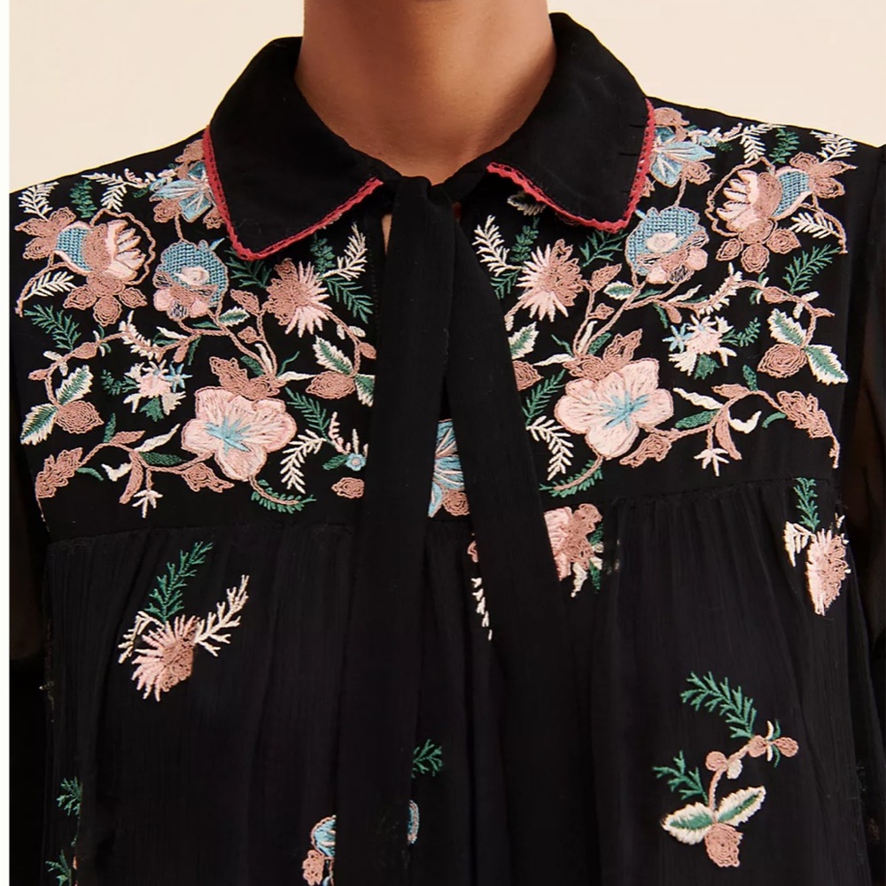 Anthropologie Let Me Be Vivian Floral Dress black tiered embroidered floral S - Picture 3 of 11